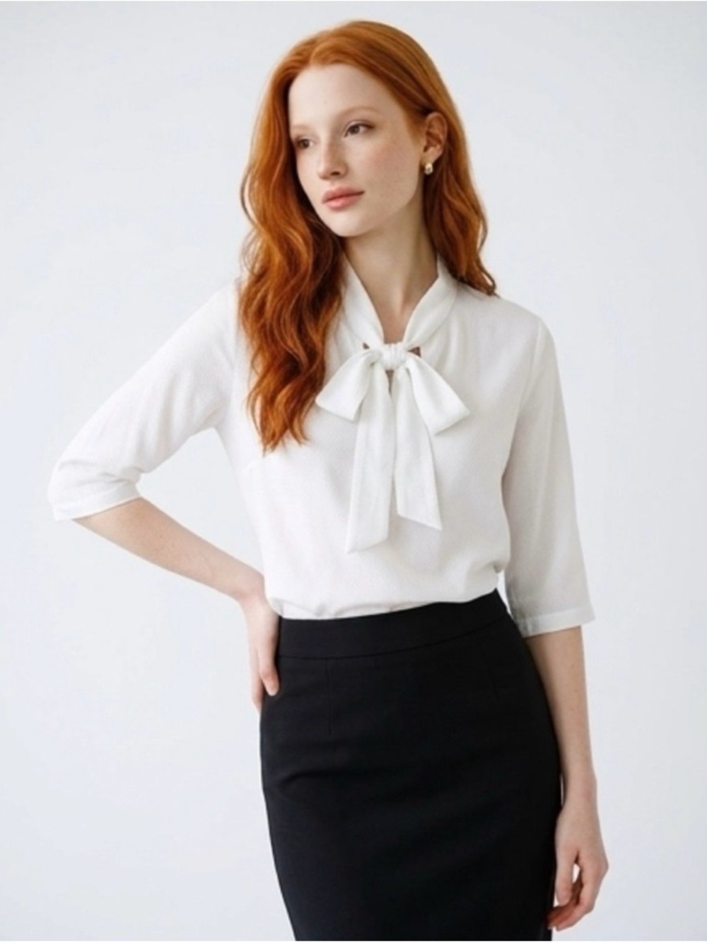 Women's White Tie-Neck Blouse